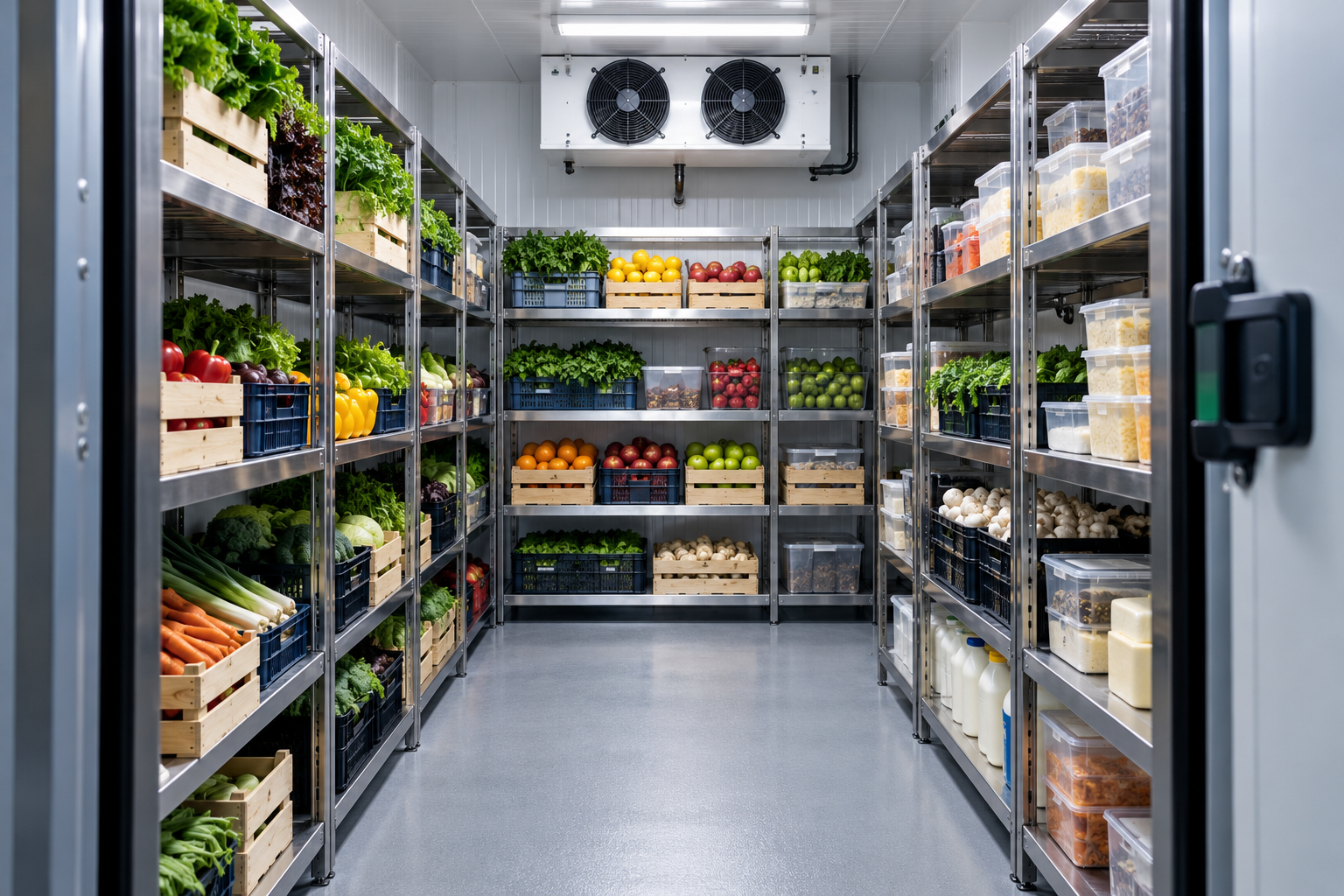 Illustrative stocked cold room with fresh produce and food containers