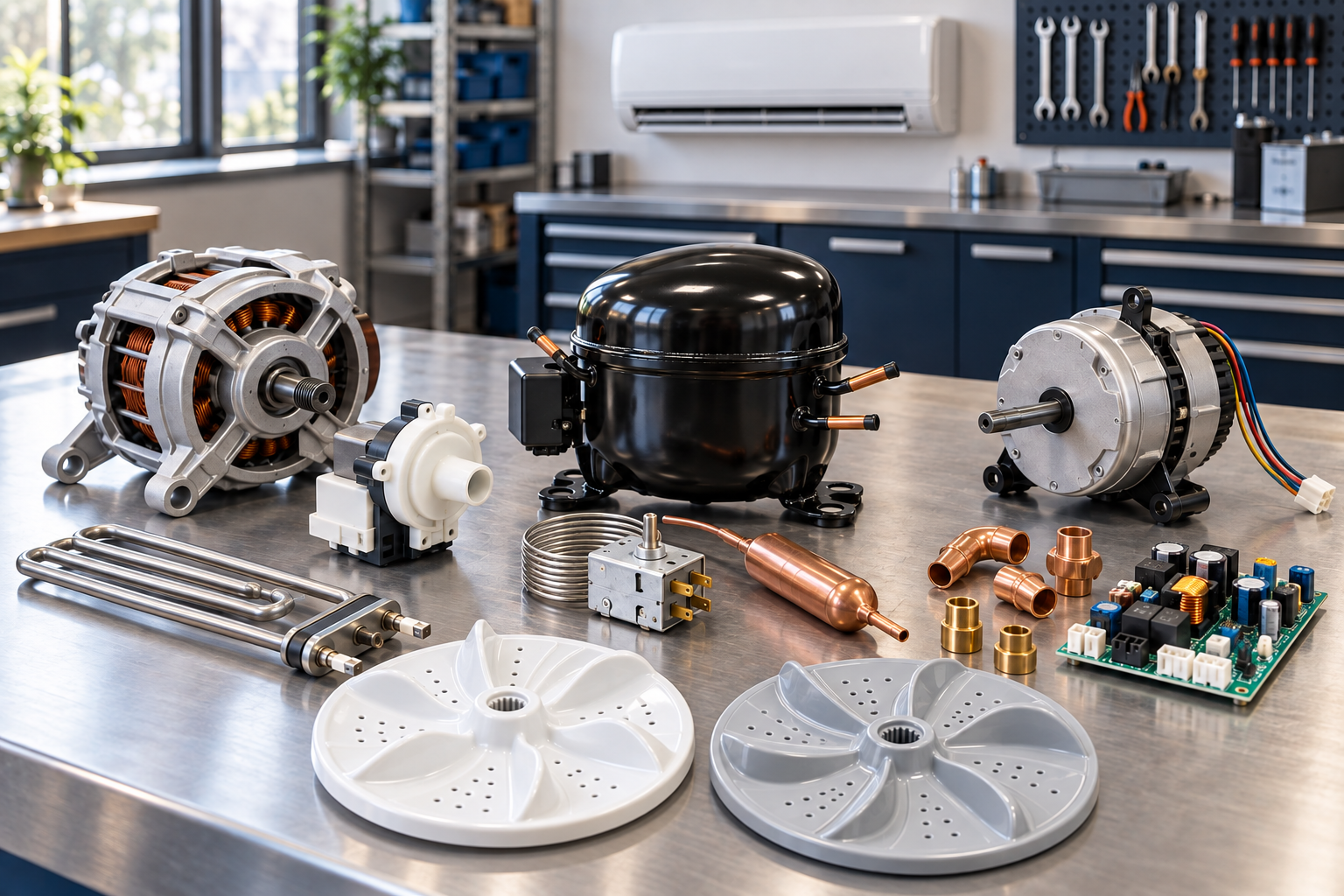 Illustrative workbench with appliance and refrigeration spares, washing-machine pulsators and a wall-mounted air conditioner