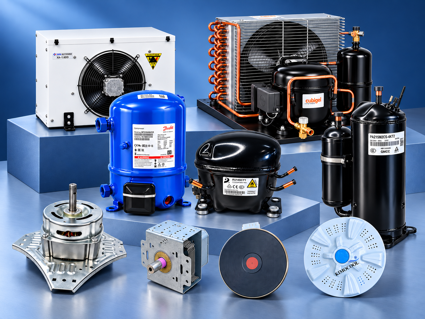 Kimocool spare-parts range: compressors, a blower coil, condensing unit, washing-machine motor, magnetron, hotplate and pulsator